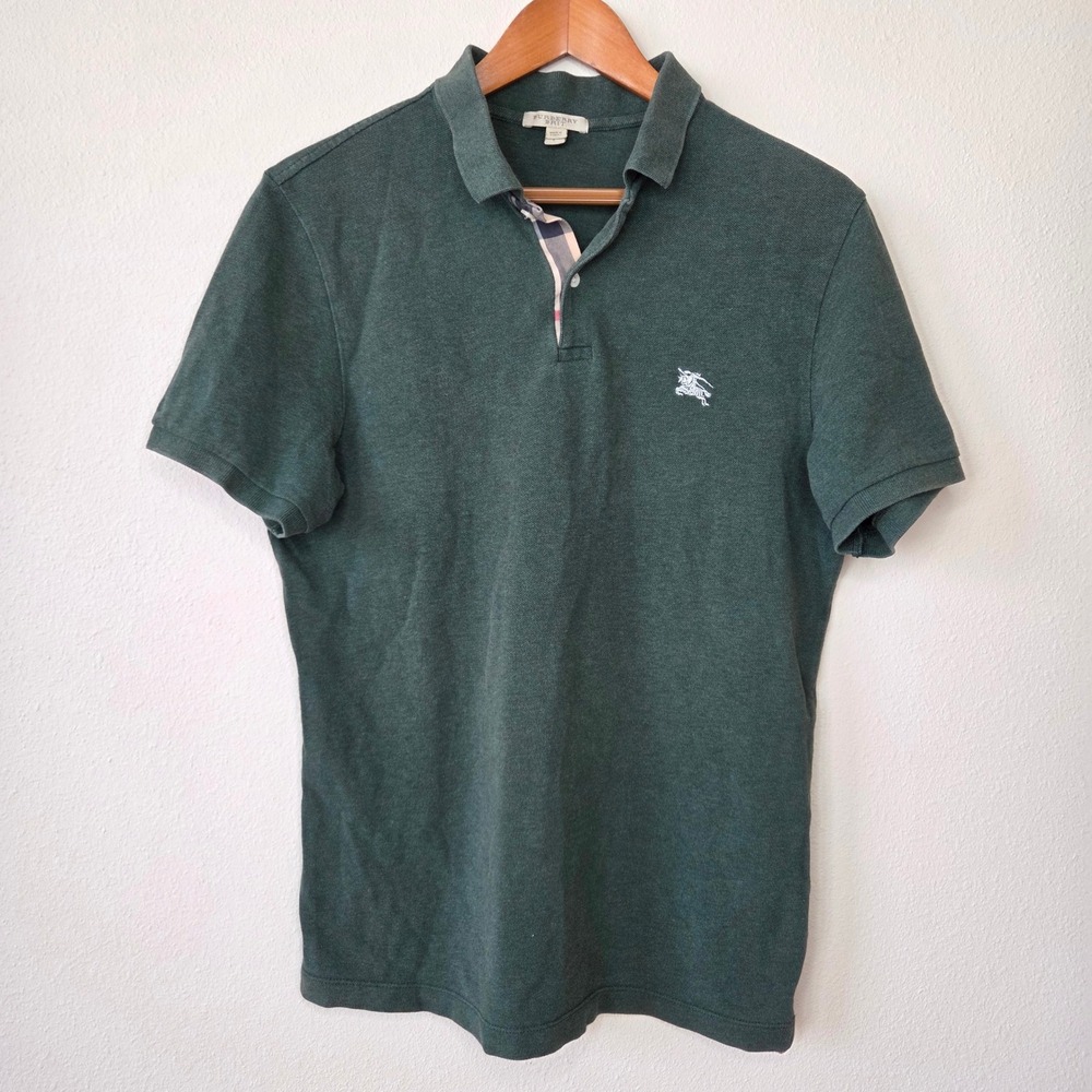 Burberry Brit Mens Polo Shirt Forest Green Nova Check Placket Large Cotton Logo